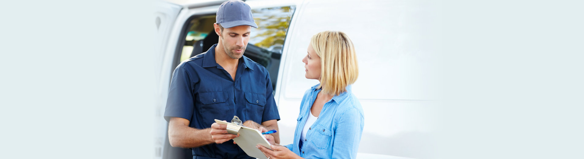 delivery man and woman talking